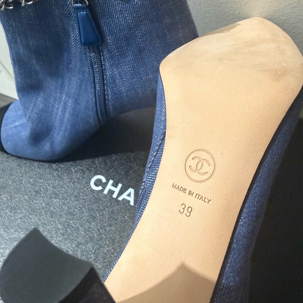 CHANEL Denim Blue Heeled Bootie with Chain Accent - Picture 8 of 9